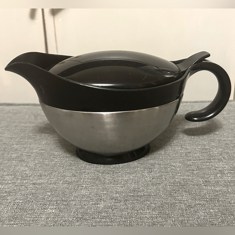 Vintage Gravy Boat GUC brushed metal & black MCM Thanksgiving Christmas Holidays